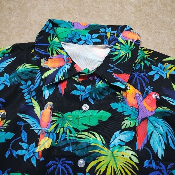 Tropical Vacation Parrot Print Men's Short Sleeve Button Down Shirt #4 - Picture 1 of 6